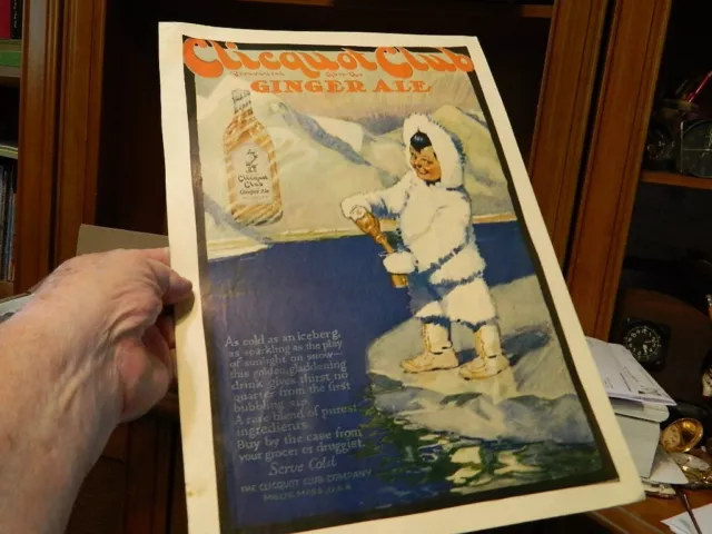 Vintage 1919 Clicquot Club Ginger Ale Eskimo Soda Pop  Poster Ad
