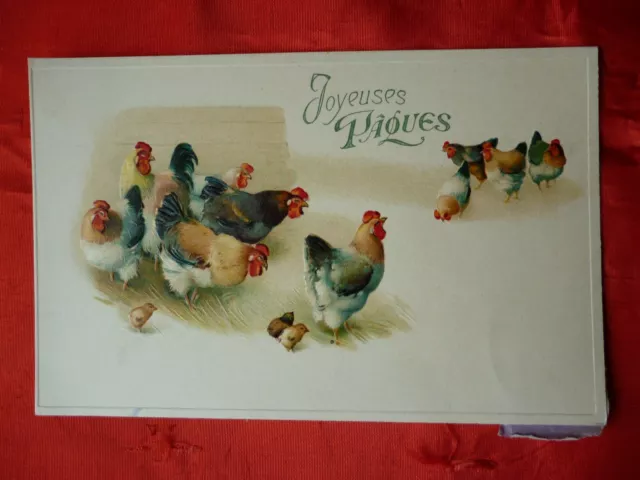 ancienne carte postale CPA joyeuses Pâques 1900 poules poussins coq