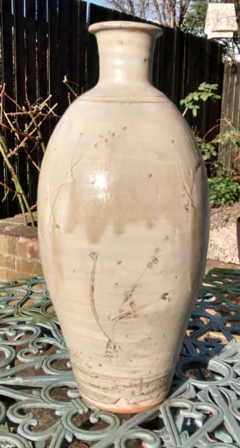 Jim Malone fine and very large incised ash glazed studio pottery stoneware vase