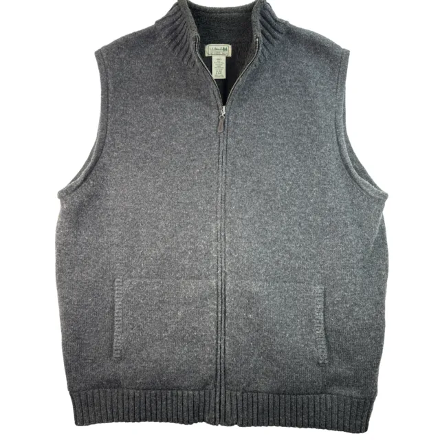 LL BEAN MENS L Lambs Wool Sweater Vest Full Zip Dark Gray Fleece Lined ...