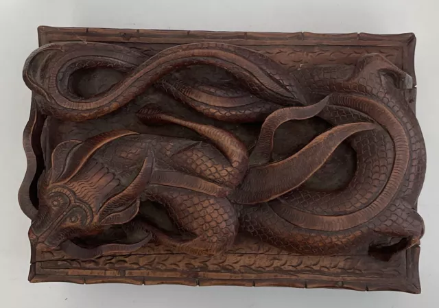 Old Chinese Carved Wood Box High Relief Dragon