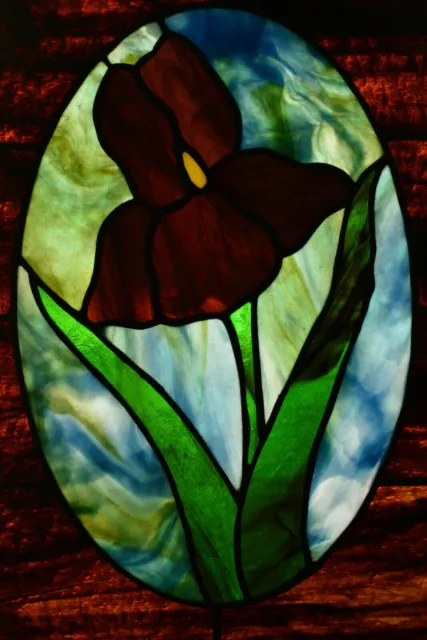 Stained Glass Iris Flower Window Panel 15 3/4'' X 10 1/4" Handcrafted New