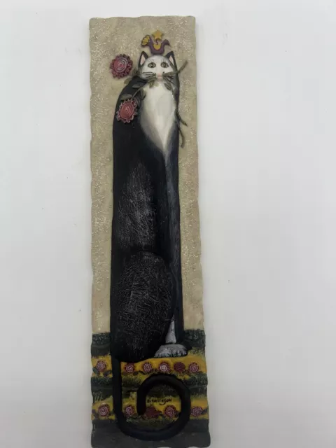 E Smithson Signed Black White Cat Rosebud Wall Art Hanging Plaque Folk Art Bird