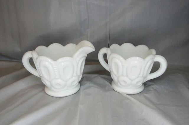 Moon and Stars Pattern Glass LE Smith MILK GLASS WHITE Creamer & Sugar Set 1960s
