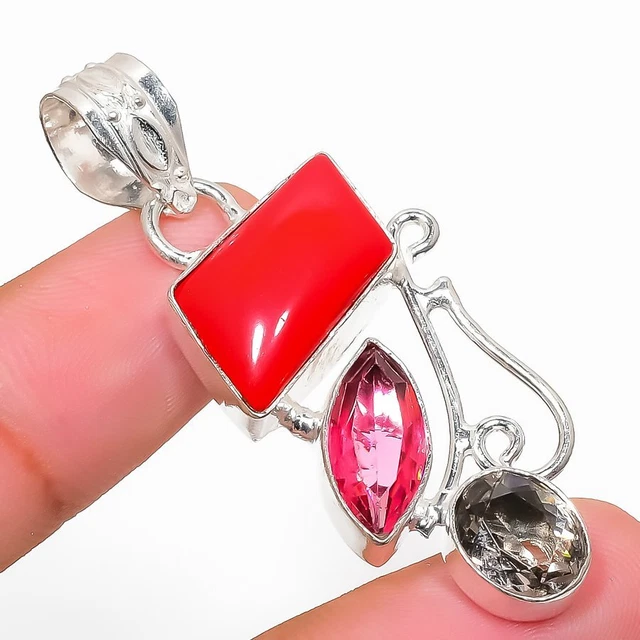 Italian Red Coral, Rubillite Gemstone 925 Sterling Silver Jewelry Pendant 1.97"