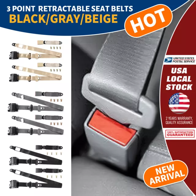 2set Retractable 3 Point Safety Seat Belt Straps Auto Vehicle Adjustable Kit USA