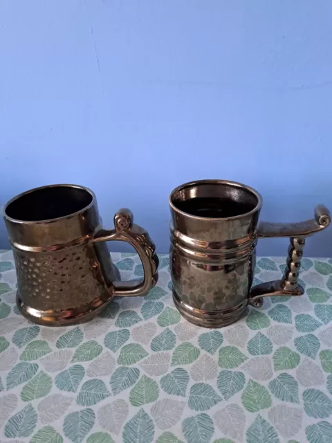 Vintage x2 Gold Finish Prinknash Pottery Tankards Hammered Crackle Effect