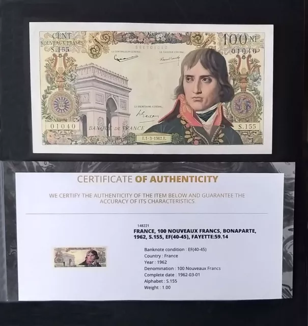 Splendide billet Luxe de 100 NF Bonaparte type de 1962  avec  Certificat