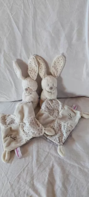 Doudou Mouchoir Lapin Blanc Gris Pois Brodé Bébé Pommette Tbe Lot De 2
