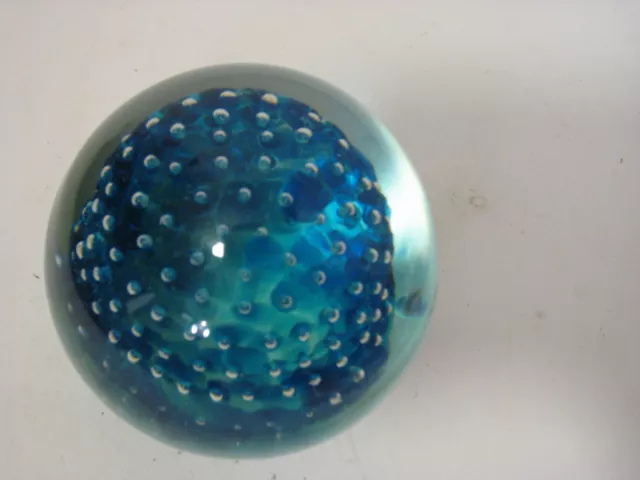 Vintage 4X4"  Blue Bubbles Art Glass Paperweight Ball Sphere ~