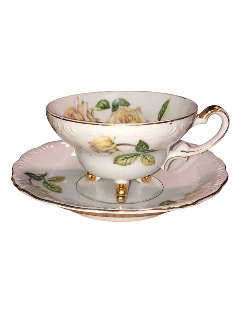 Vintage UCAGCO China Japan Footed Cup & Saucer Yellow Pink Roses