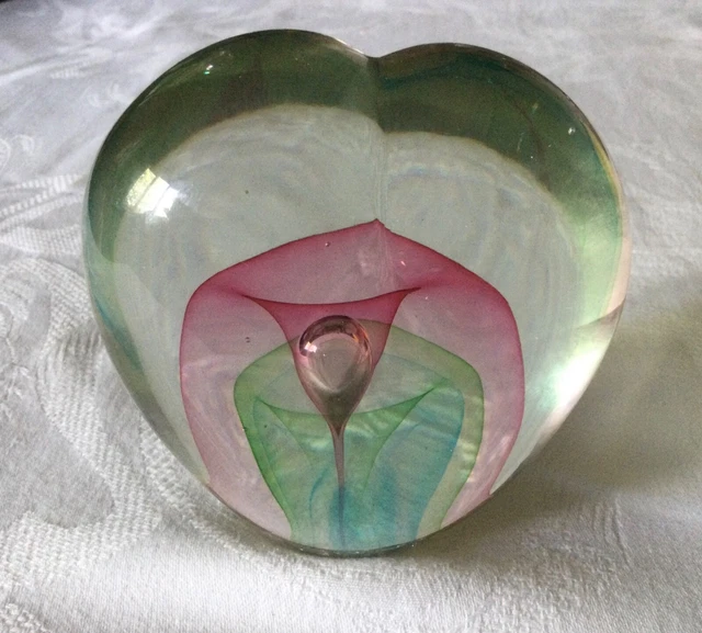Art Glass Paperweight, Pink, Blue and Green Cascade with Centre Bubble
