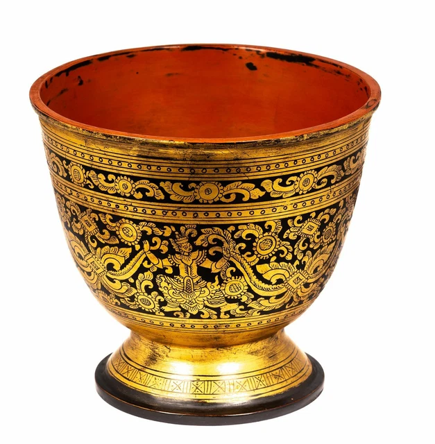 Début 20th Siècle Ancien Birman Shwe Zawa en Laque Bol - 16cm/6 " Grand