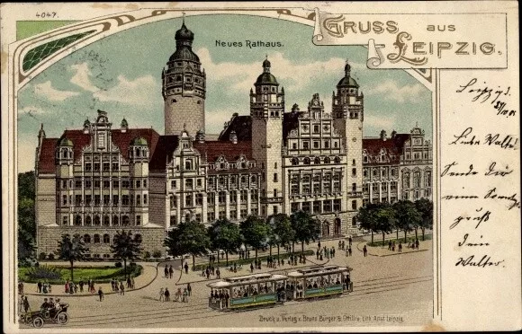 Litho Leipzig in Sachsen, Neues Rathaus, Straßenbahn, Passanten,... - 3618540