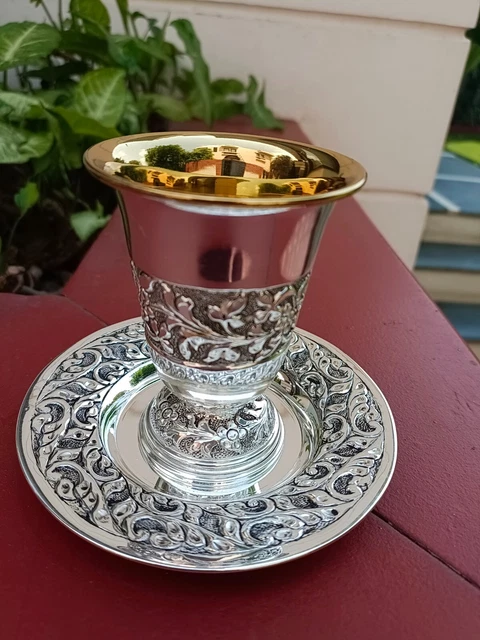 Copa de Vino Con Placa, Chapado en Plata Copa y Bandeja, Kiddush Taza Plato