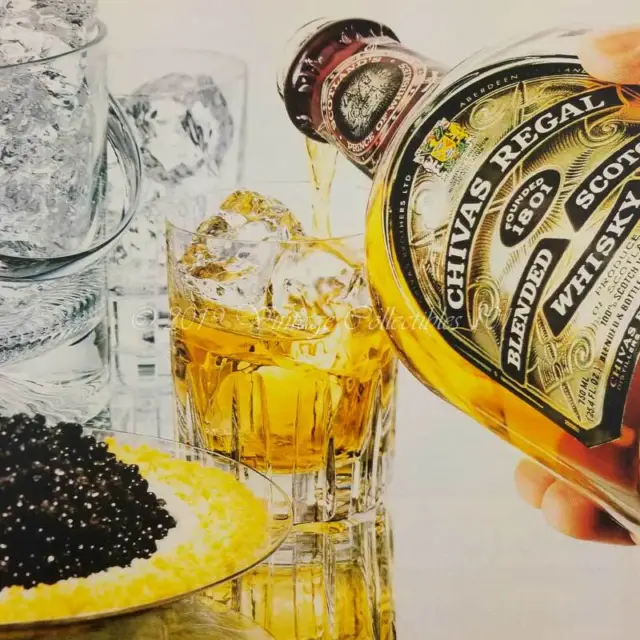 1979 Chivas Regal Scotch Whisky Bottle Caviar photo art decor vintage print ad