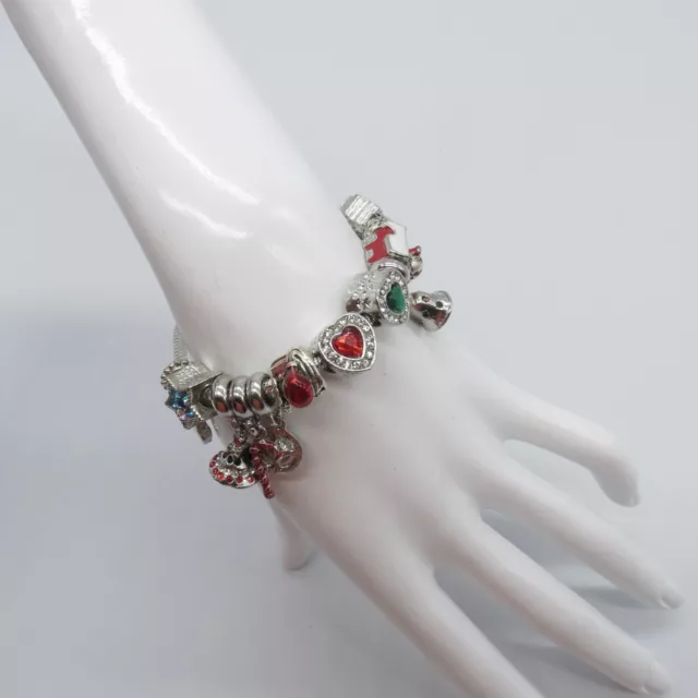 Christmas Rhinestones Enamel Charms Bracelet 5.5"+ Silver Tone 2