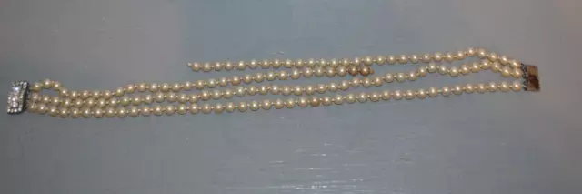 Ancien Collier Sautoir  Perles de Culture 3 Rangs Fermoir Argent et Strass ~1900