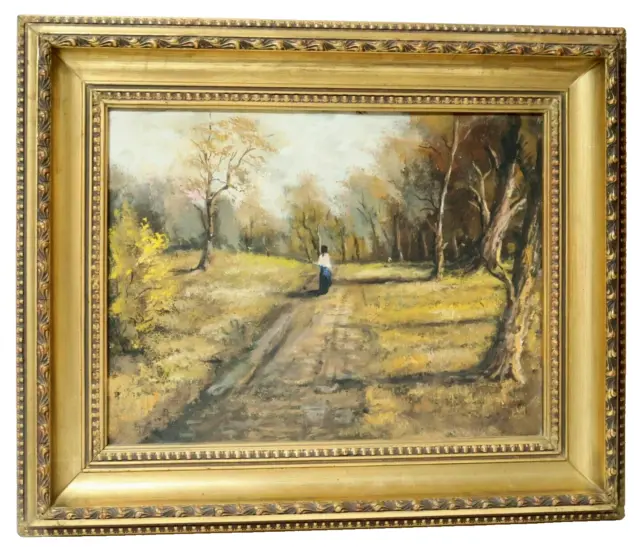 Altes Ölgemälde Gemälde Malerei Landschaft Dame im Wald Frau Biedermeier Bild