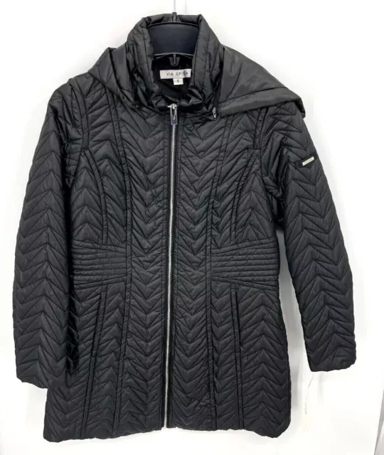 Via Spiga Coat Womens Small Black Quilted Hooded Full Zip Mid-Length Jacket