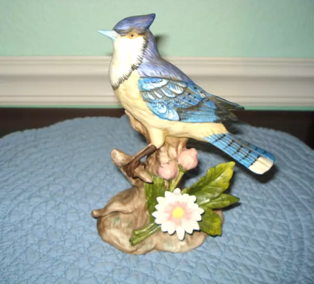 Porcelain Bisque Blue Jay Bird Detailed Figurine.  HOMCO #1445