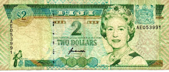 1996 Fiji 2 Dollar Bank Note P 96 Queen Elizabeth II as pictured AE053991