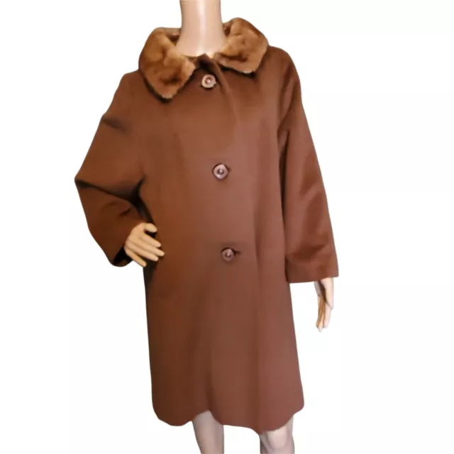 Vintage 60s Mod Brown Wool Trapeze Swing Coat With Mink Fur Collar