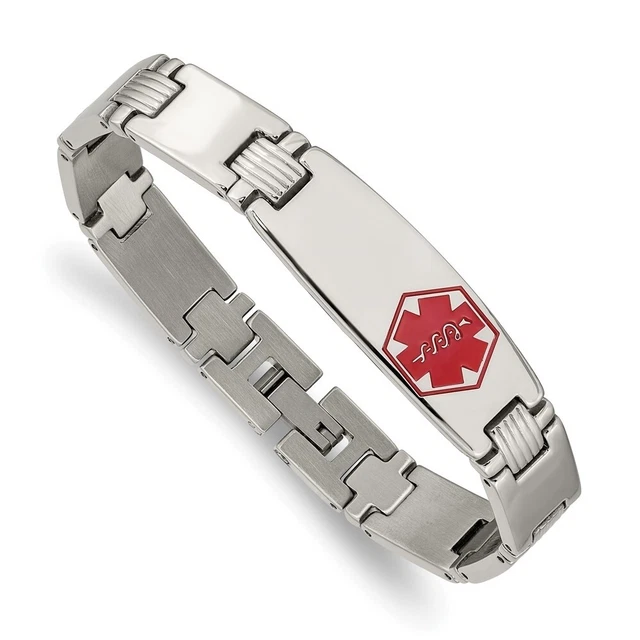 Mens 11Mm Stainless Steel Red Enamel Medical I.D. Bracelet, 8.25 Inch