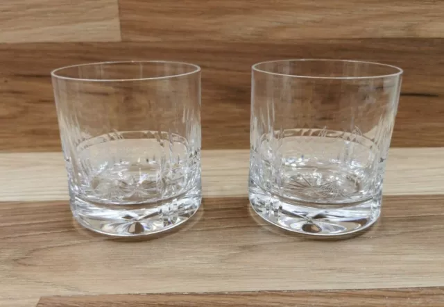 2 x Vintage Wedgwood Cut Arch & Spike Phoenix? Etched Crystal Whiskey Glasses