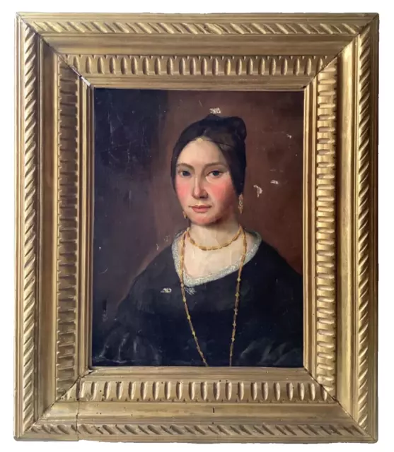Mid 19th Century Portrait Beautiful Lady with Jewelry French School Oil Canvas
