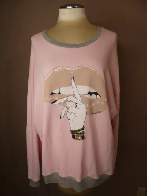 Lauren Moshi Women's M Pink Pullover Sweater Lips Shh 100% Cotton Terry Cloth
