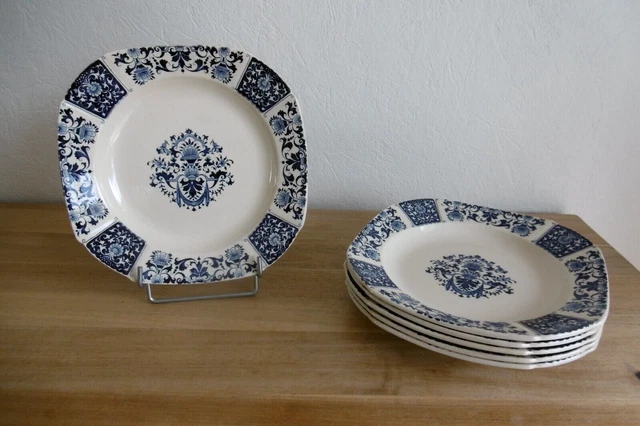 Assiettes Plates Et Creuses Anciennes – Faïencerie De Givors, Motif Carreaux Bleus