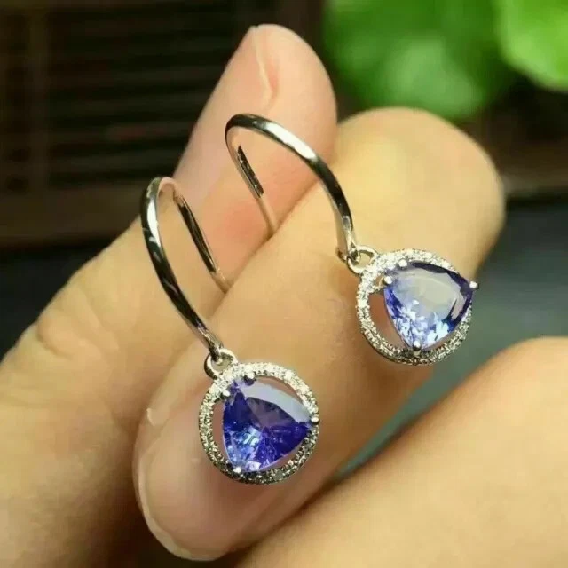 14k White Gold Plated  2 Ct Trillion Simulated Tanzanite Drop Dangle Earrings