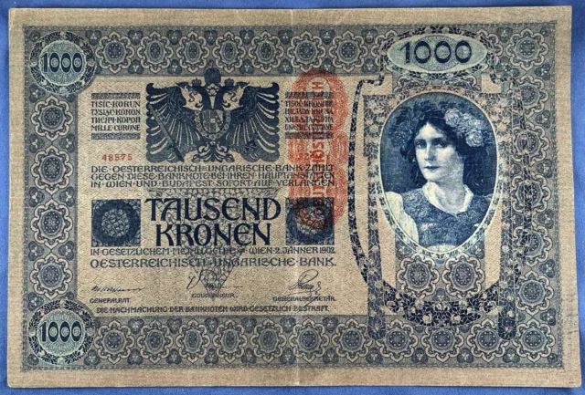 Austria 1902 - 1000 Kronen - 1919 Overprint - P-59 - Estimated VF-EF