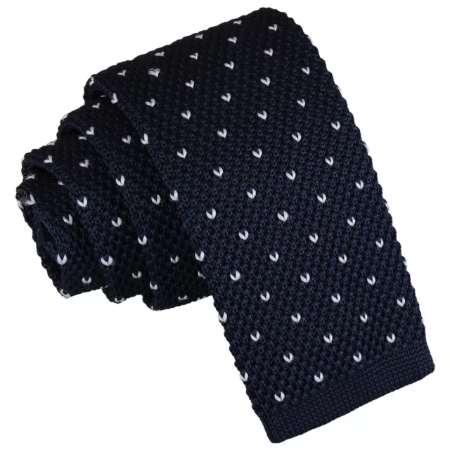 Midnight Blue Mens Skinny Tie Knit Knitted Flecked V Dot Casual Necktie by DQT