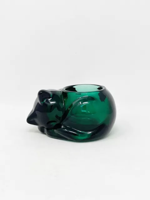 Indiana Glass Votive Candle Holder Emerald Sleeping Cat Design Vintage USA