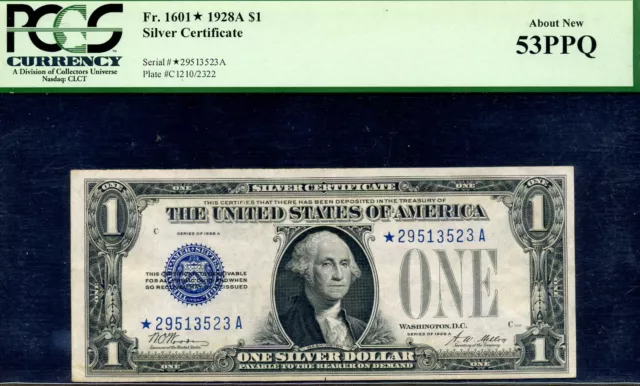 1928A $1 Silver Certificate PCGS 53PPQ popular & wanted blue seal star Fr 1601*