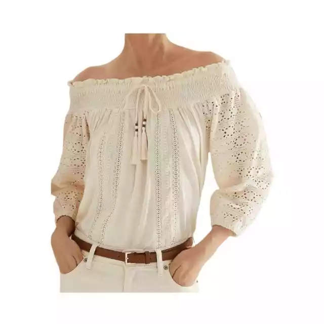 Lauren Ralph Women’s Eyelet Jersey Off-Shoulder Top Mascarpone Cream, US XL