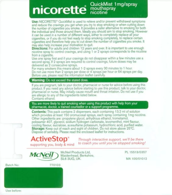 Nicorette QuickMist 1 mg Mundspray Freshmint 2x150 Spray Neu Pack 6 Exp=2025 3