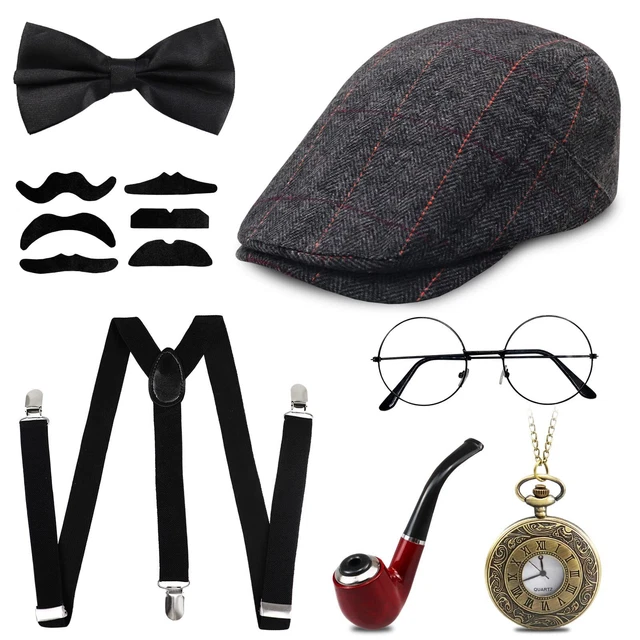 Ishua 1920er Jahre Gangster-Kostüm Set – 13-teilig, Mit Hut, Fliege, Schnurrbart, Taschenuhr & Mehr