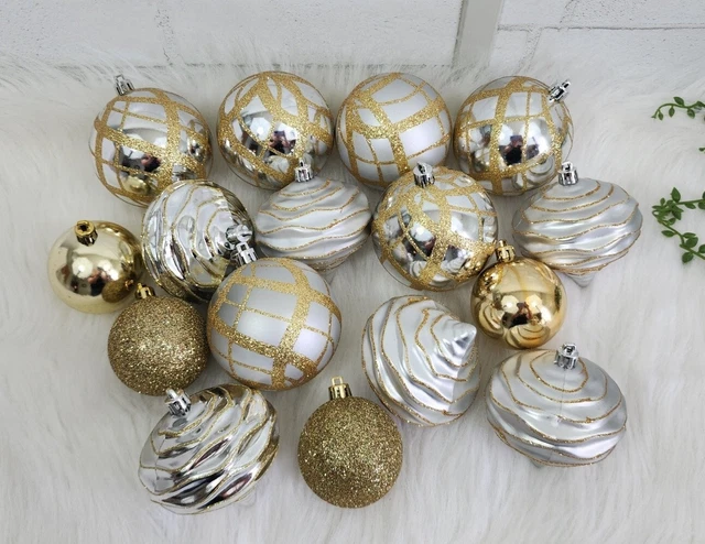 Gold Silver Glitter Ornaments Shabby Chic Christmas Tree Home Decor 16 Pc NEW