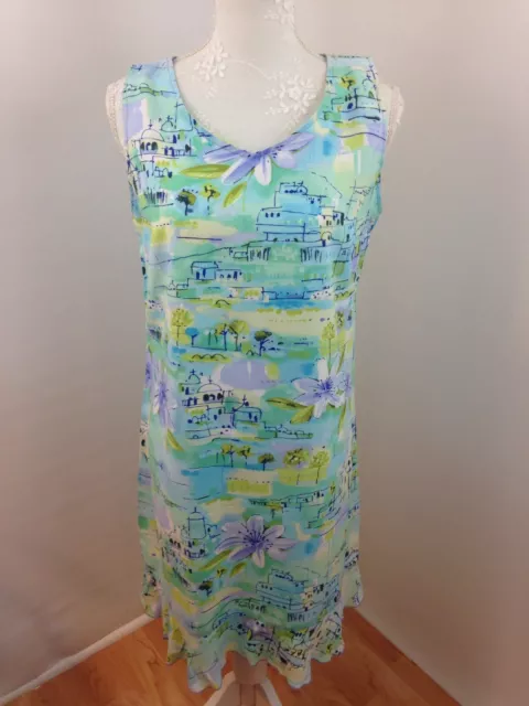 Sea Suns Ladies Shift Dress Teal Blue Graphics Sz S Sleeveless V Neck Ruffle Hem