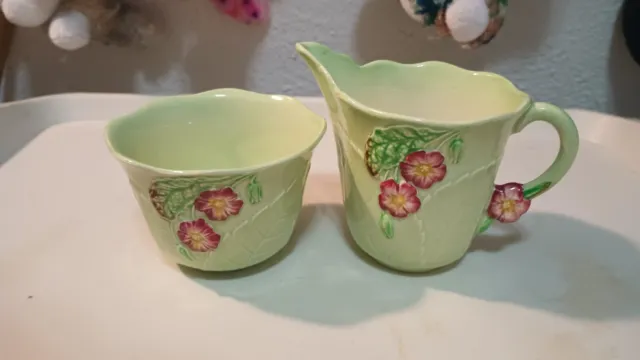 Vintage Carlton Ware 1940's Primula Porcelain Embossed Open Sugar Bowl & Creamer