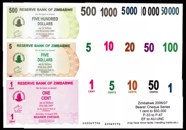 Zimbabwe 1 Cent to 50,000 $ Bearer Cheques 2006/2007 | EF to aUNC | P-33 to P-47