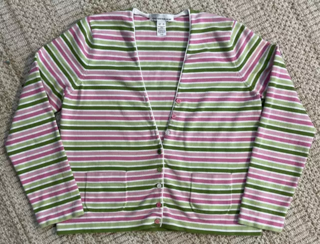 Jones New York Sport Cardigan Sweater Womens XL Pink Green Striped Button Spring