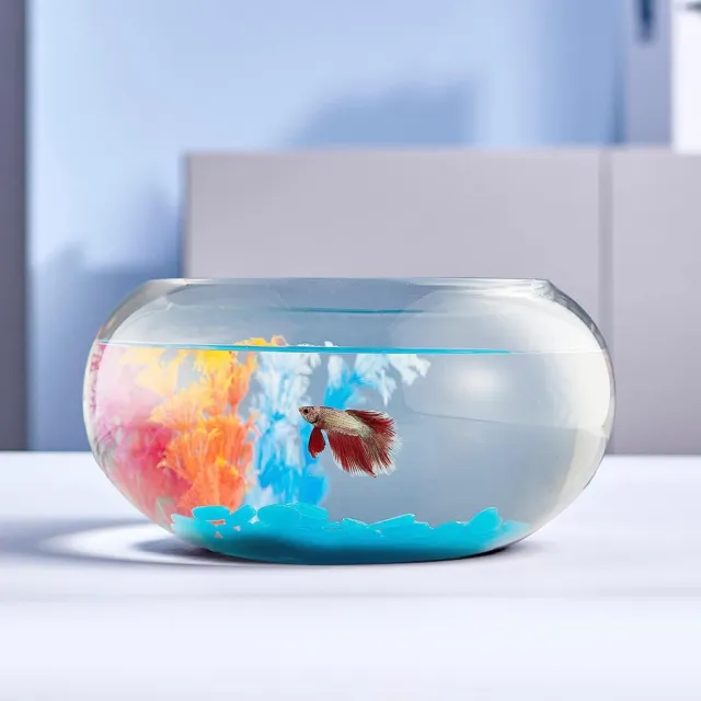 Glass Betta Fish Bowl Tank Décor Fluorescent Stones Colorful Plastic Trees 2 Gal