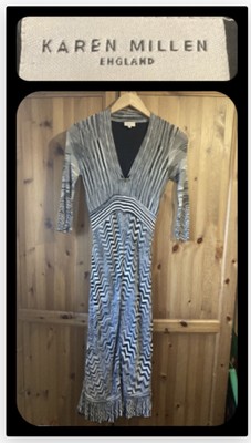 KAREN MILLEN : Jersey Knit Polychrome Zig Zag Pattern Dress : U.K. 10