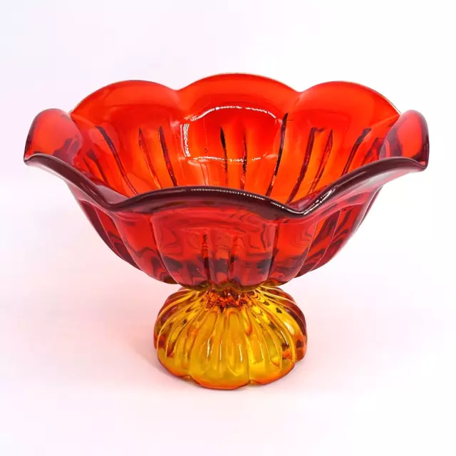 Vintage Mid Century Mcm Amberina Red Art Glass Bowl Compote Pedestal-Candy Dish