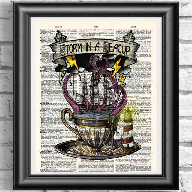 Nautical Art Print Bathroom Decor Storm in a Teacup DICTIONARY ART Octopus