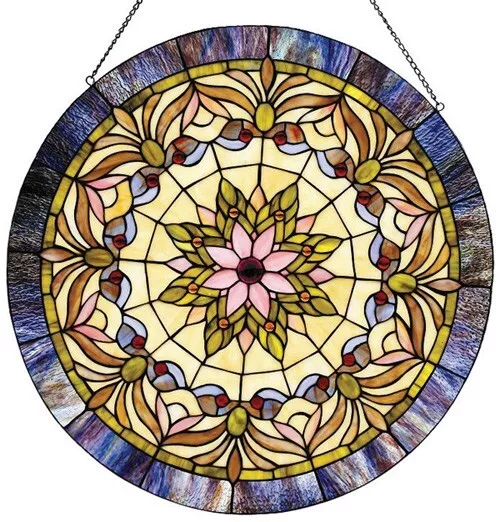 22" Victorian Round Tiffany Style Stained Glass floral Window Panel W/ Chain
